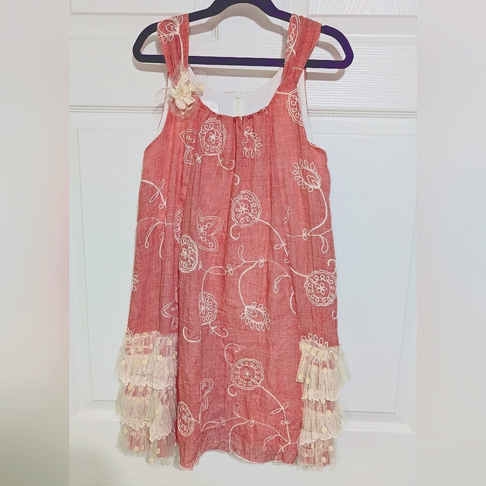 Isobella & Chloe Coral Girls Dress W/Lace Ruffles -Sz 8 - Picture 2 of 5